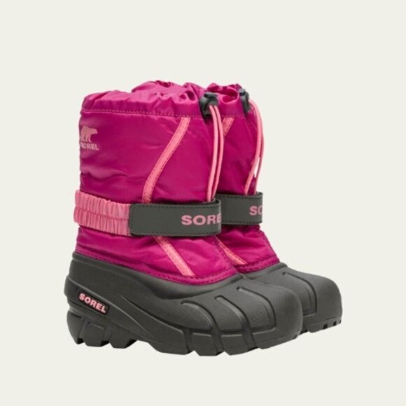 Sorel Kid's Flurry Padded Black Pink Drawstring Winter Snow Boots Size 6 - Picture 1 of 5